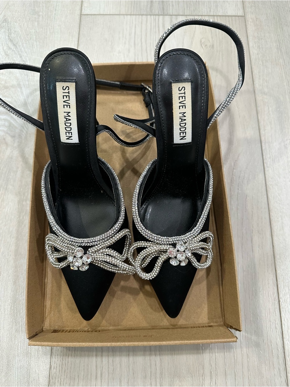 Steve Madden Black Satin heels with Crystal Bow and ankle wrap